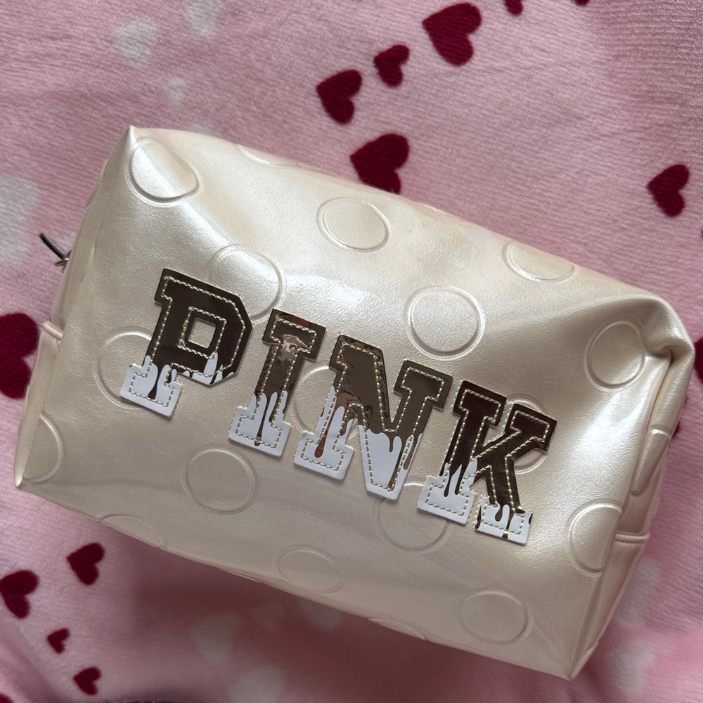 PINK Victoria's Secret Pearlized Cream Cosmetic Pouch with Brown Logo
